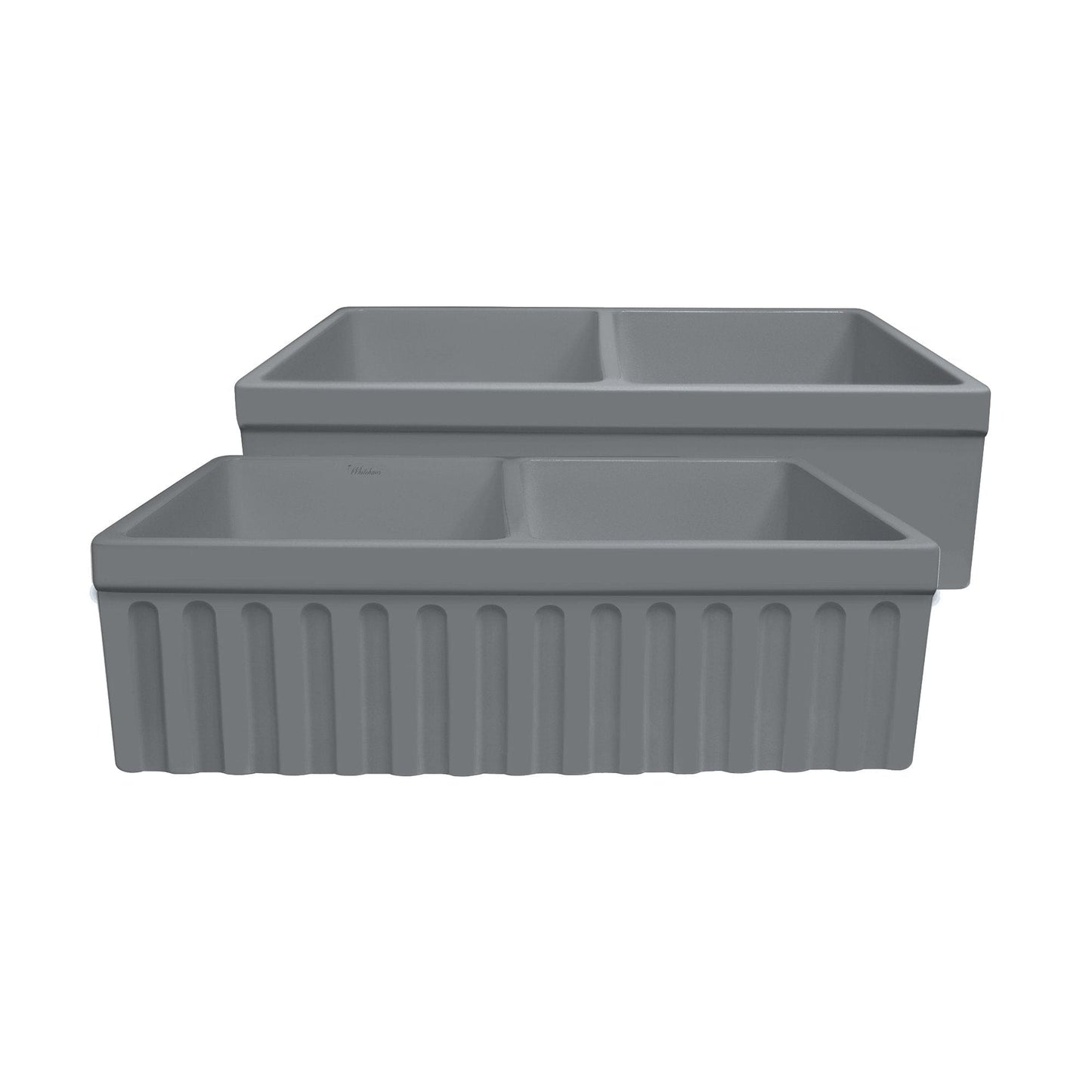 WHITEHAUS 33" Farmhaus Quatro Alcove Reversible Matte Double Bowl  Fireclay Kitchen Sink WHQDB33 in matte cement finish.