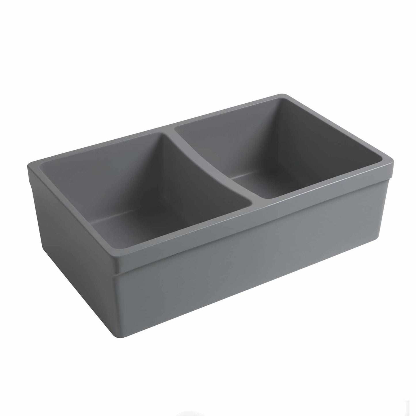 Matte double bowl fireclay kitchen sink, WHITEHAUS 33" Farmhaus Quatro Alcove WHQDB332, viewed from the front-left angle.