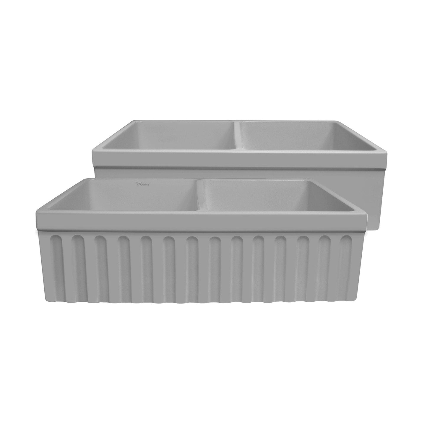WHITEHAUS 33" Farmhaus Quatro Alcove Reversible Matte Double Bowl Fireclay Kitchen Sink WHQDB332 in light cement color view.
