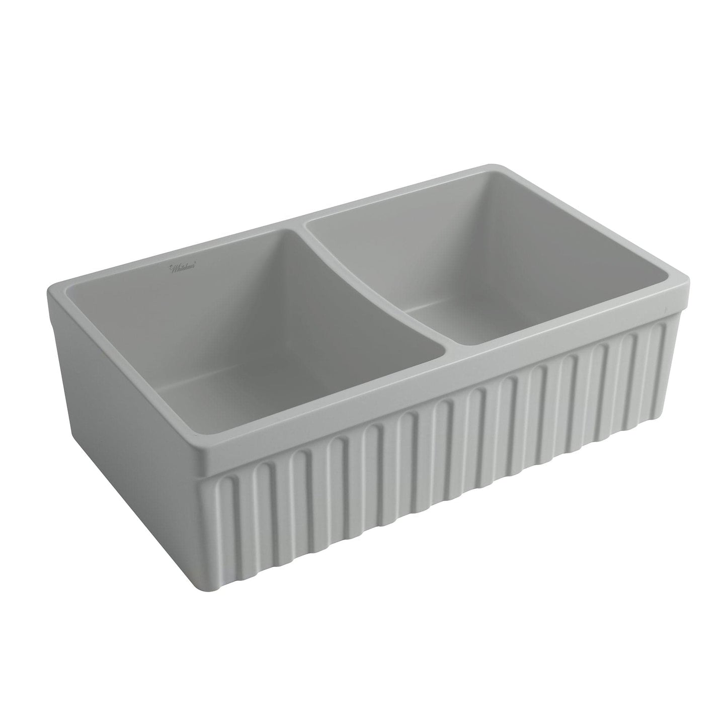 WHITEHAUS 33" Farmhaus Quatro Alcove Reversible Matte Double Bowl  Fireclay Kitchen Sink WHQDB332 side view, showcasing clean lines.