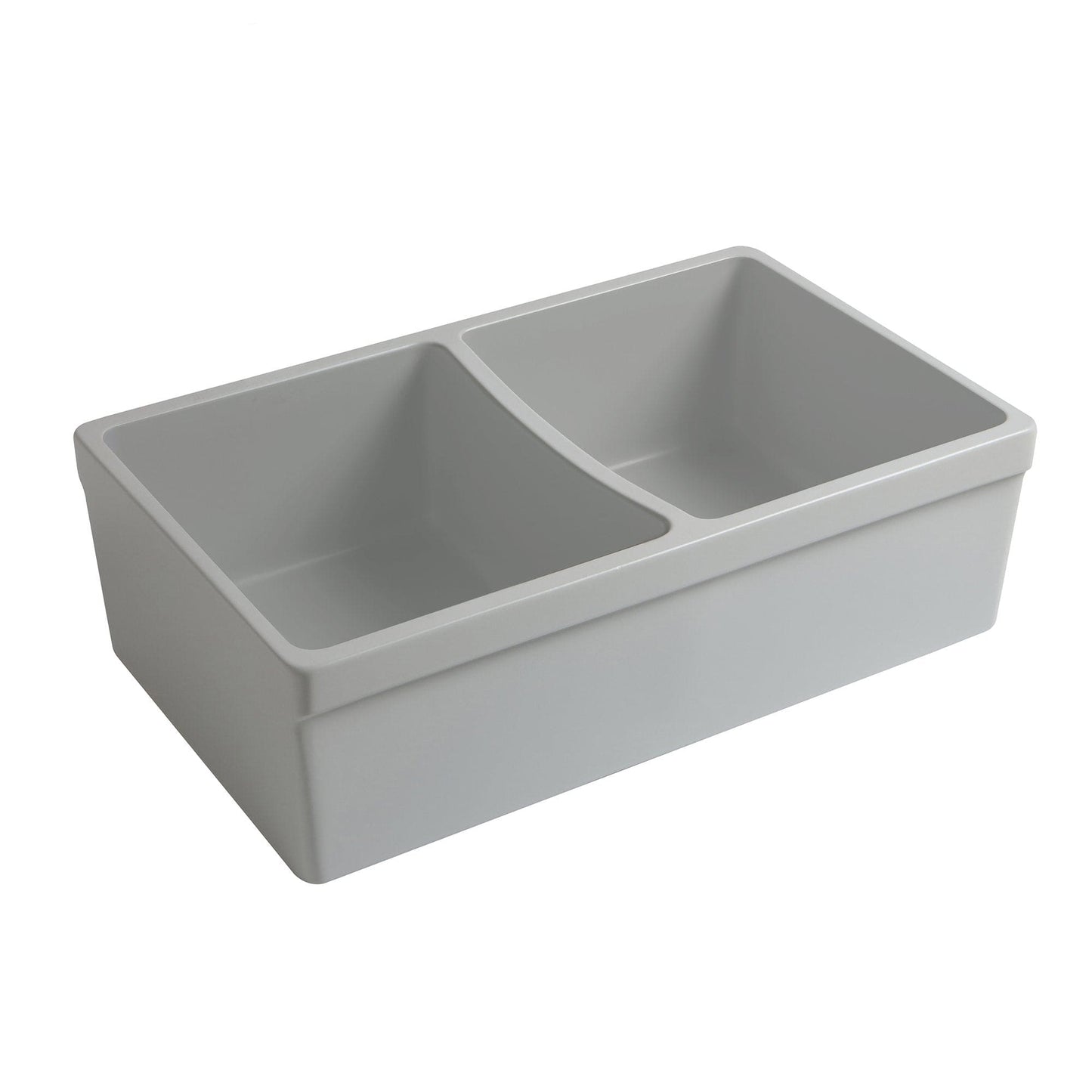 WHITEHAUS 33" Farmhaus Quatro Alcove Reversible Matte Double Bowl Fireclay Kitchen Sink WHQDB332 in light gray finish.