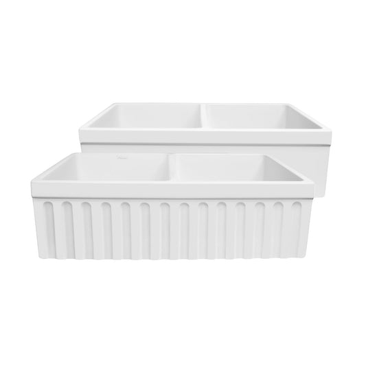 Whitehaus 33" Farmhaus Quatro Alcove Reversible Matte Double Bowl Fireclay Kitchen Sink WHQDB332 at an angled view.