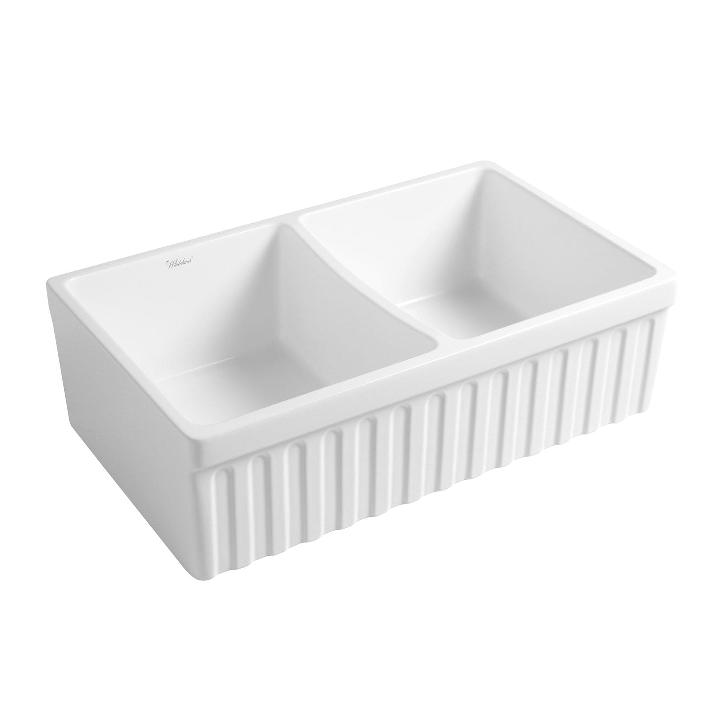 WHITEHAUS 33" Farmhaus Quatro Alcove Reversible Matte Double Bowl  Fireclay Kitchen Sink WHQDB332 side view showcasing elegant design.