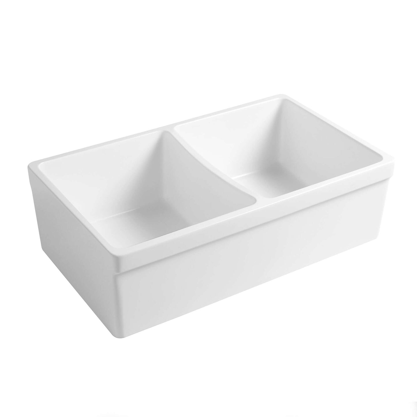 WHITEHAUS 33" Farmhaus Quatro Alcove Reversible Matte Double Bowl Fireclay Kitchen Sink WHQDB332 displayed from a slight angle.