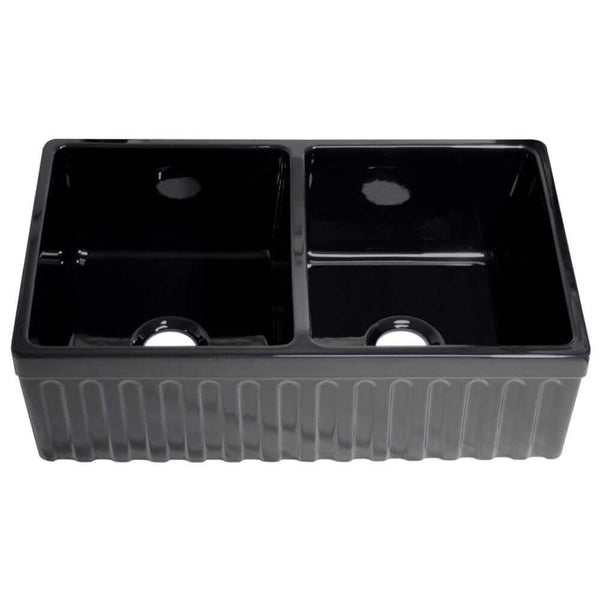 WHITEHAUS 33 Farmhaus Fireclay Quatro Alcove Reversible Double Bowl Sink WHQDB332-BISCUIT