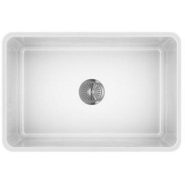 Top view of Latoscana 27" Reversible Fireclay Single Bowl Farmhouse Sink featuring a modern design and a central drain.