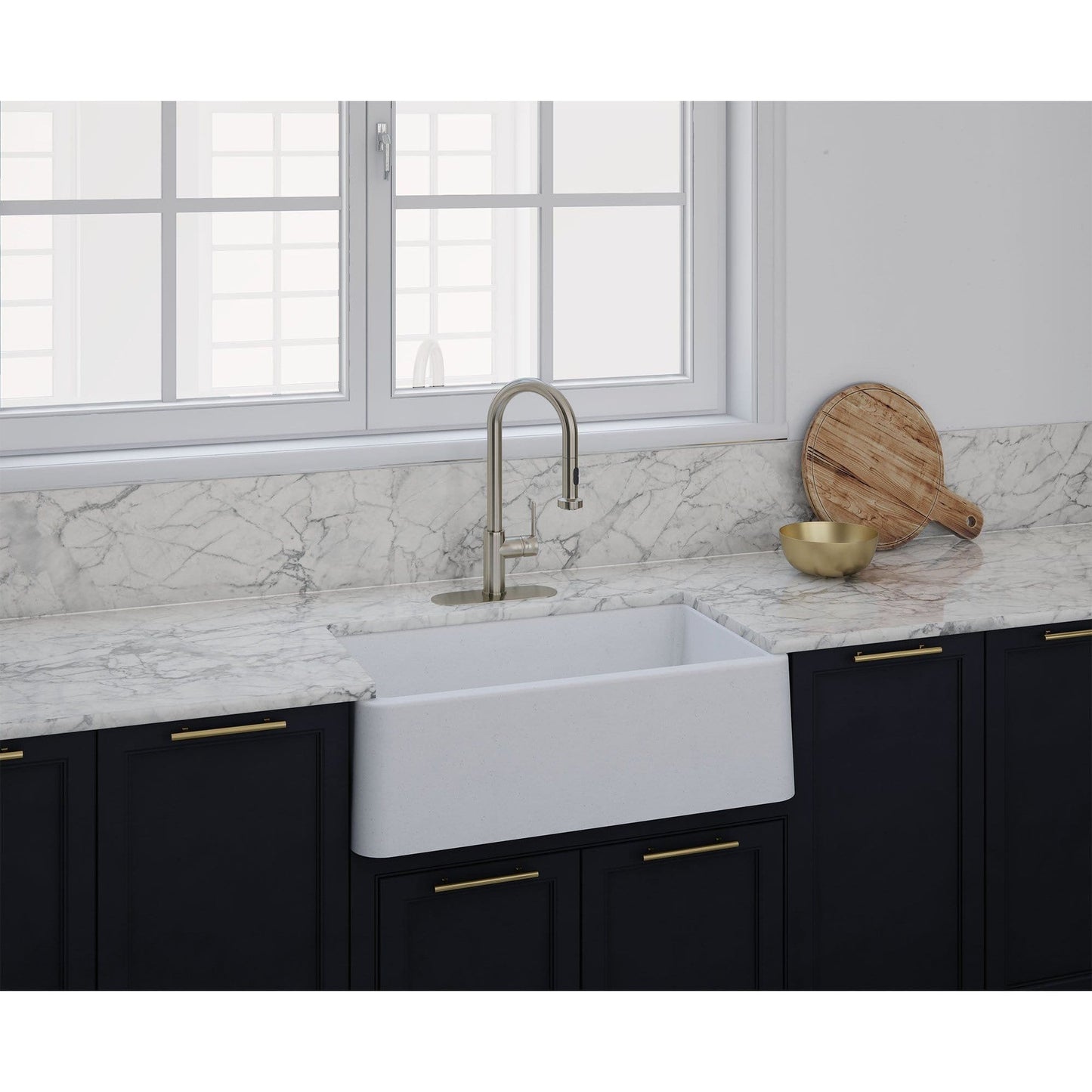 LaToscana Marmorin Series 30" Farmhouse Kitchen Sink front view with modern faucet and marble countertop.