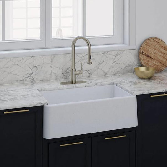 LaToscana Marmorin 33" Farmhouse Kitchen Sink front view with modern faucet and marble countertop.