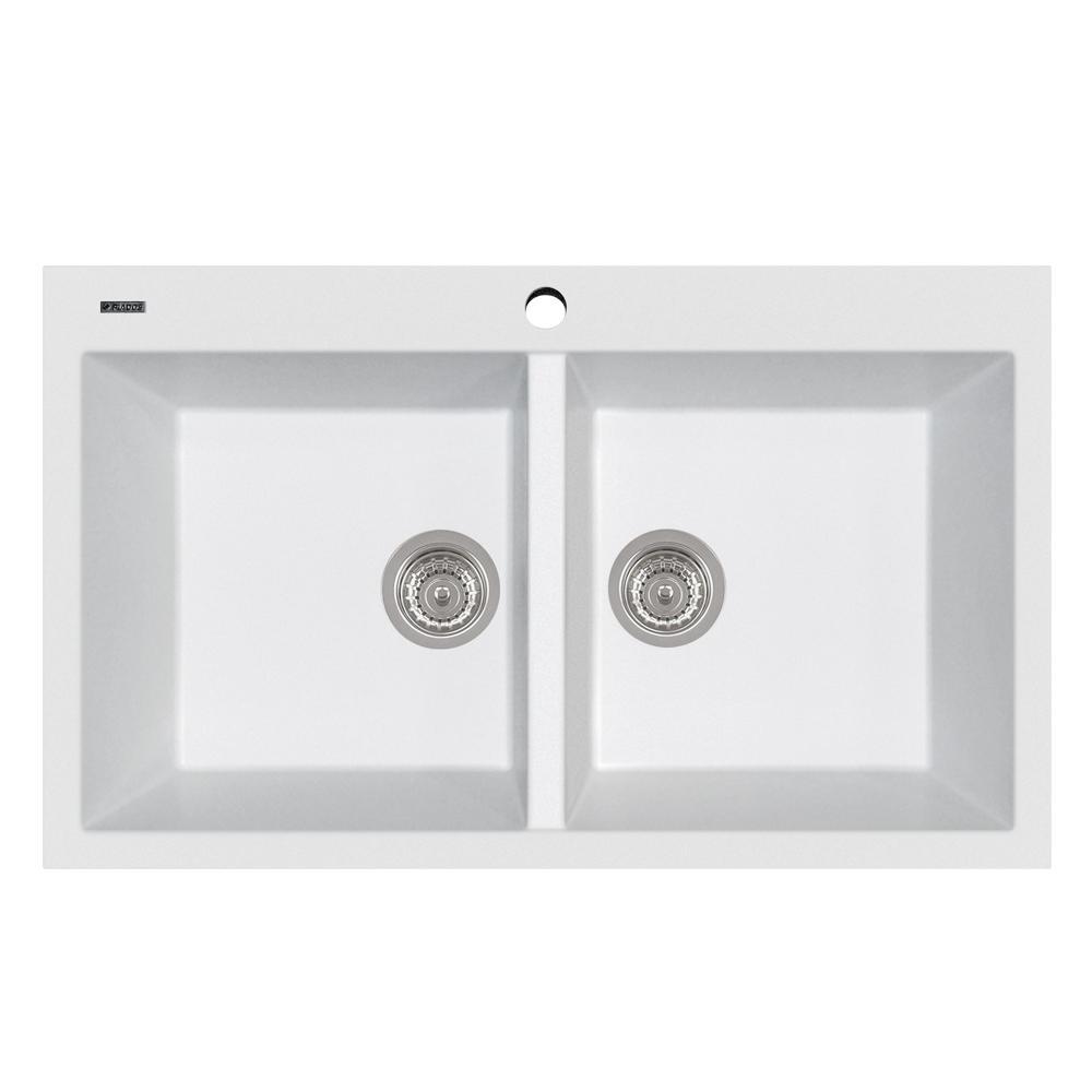LaToscana Plados 34" Drop-In Double Bowl Kitchen Sink in Milk White - top view showcasing double bowl design.