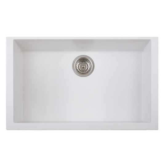 LaToscana One Series 30" Undermount Single Bowl Kitchen Sink top view in Milk White with metal drain.