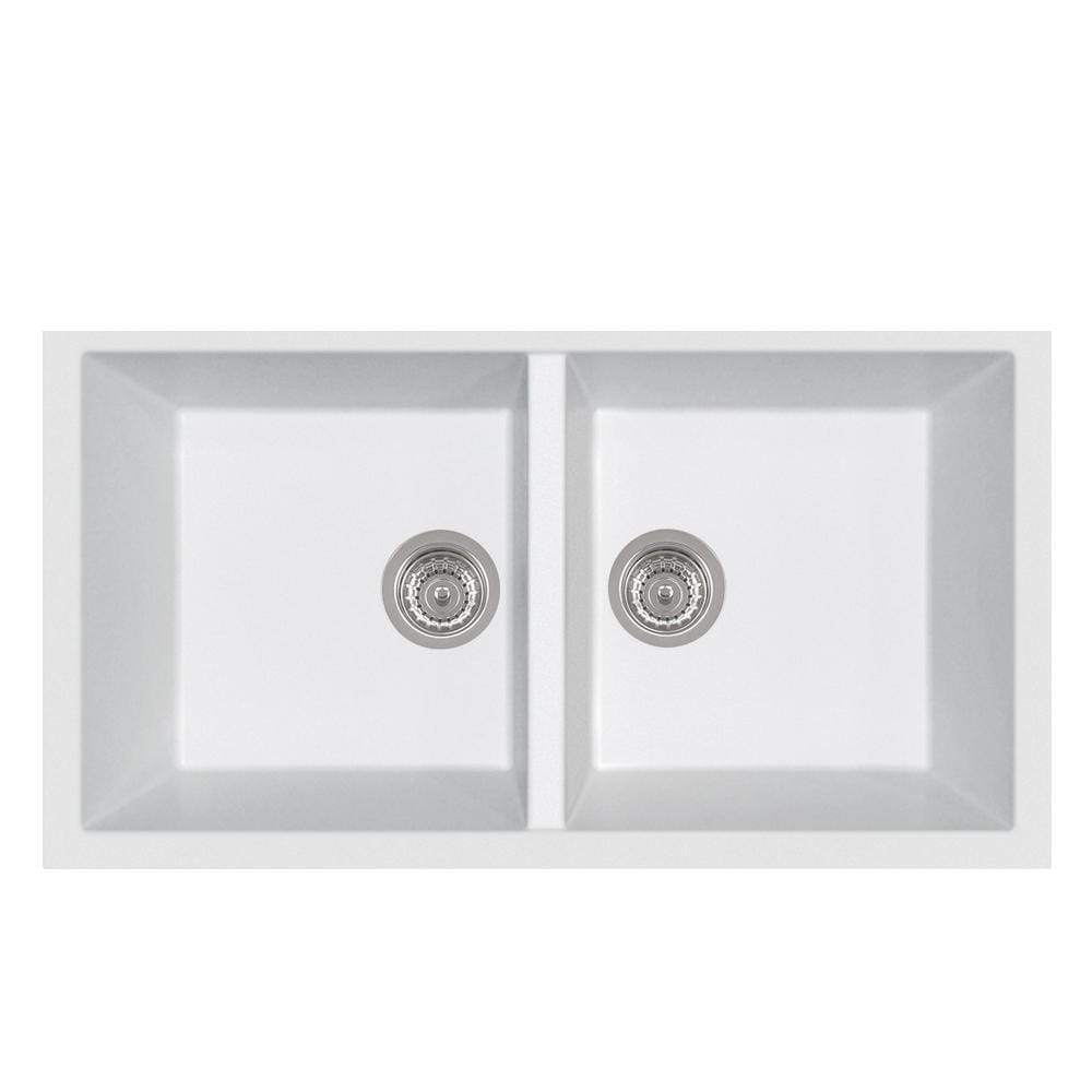 LaToscana Elegance Series 34" Undermount Double Bowl Kitchen Sink front view showcasing two square white bowls.