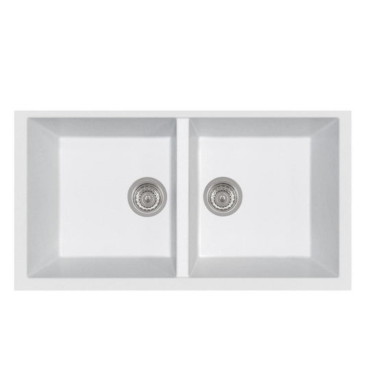 LaToscana Elegance Series 34" Undermount Double Bowl Kitchen Sink front view showcasing two square white bowls.