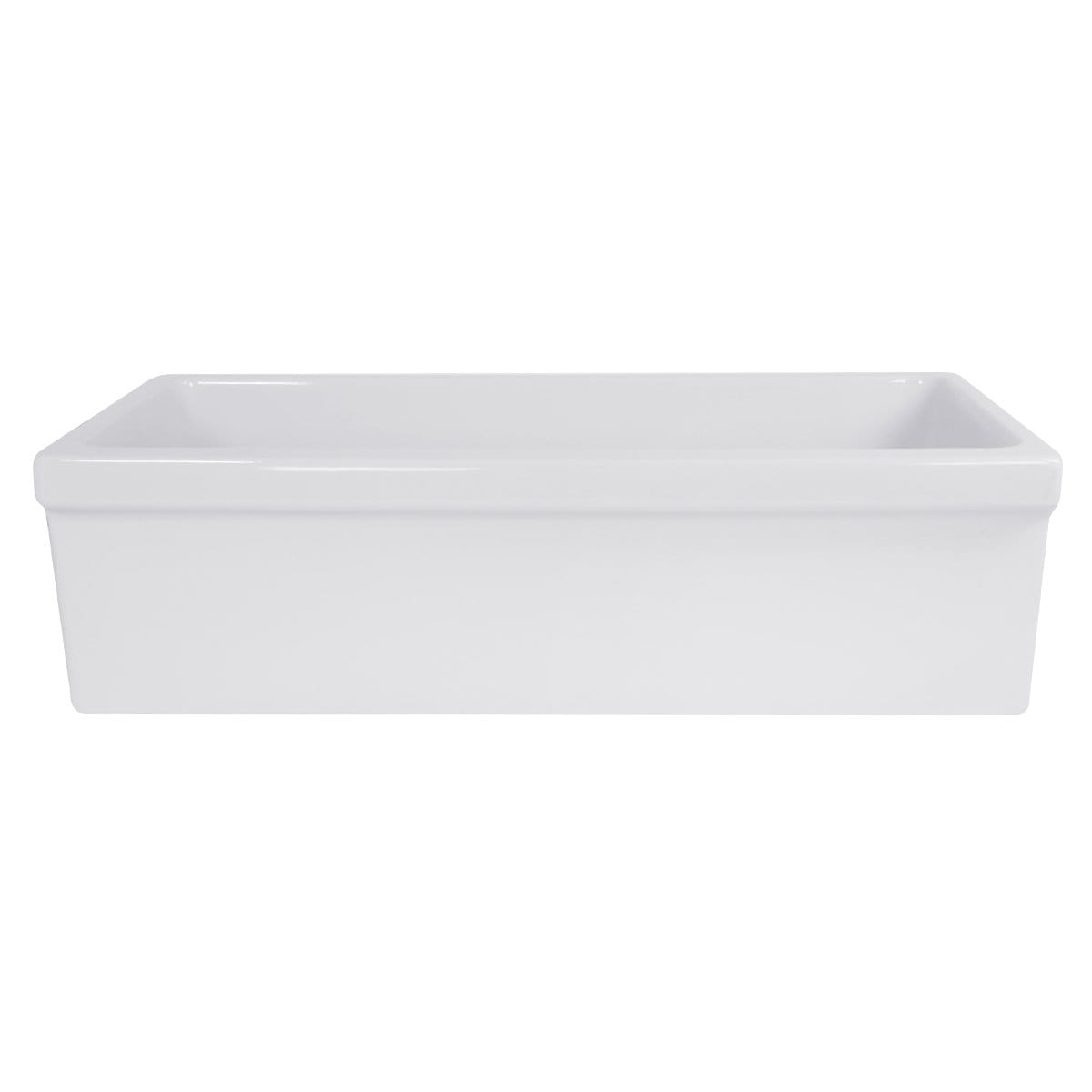 Nantucket 36" Decorative Apron Farmhouse Fireclay Sink - Yarmouth-36W side view showing white fireclay construction.