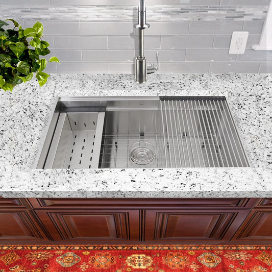 Nantucket 32" Pro Series Prep Station Kitchen Sink ZR-PS-3220-16 with multi-level workspace and stainless steel design.