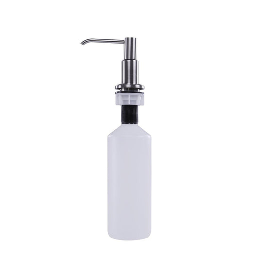Nantucket Brushed Nickel Soap Dispenser - NSSD-BN with a sleek white design and brushed nickel pump for modern kitchens.