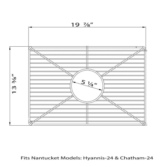 Nantucket Stainless Steel Bottom Grid - BG-HC24 dimensions illustration, fitting models Hyannis-24 and Chatham-24.
