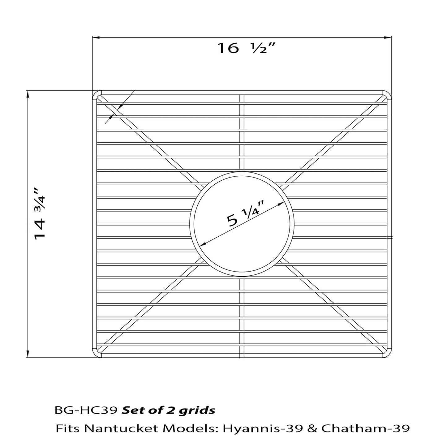 Nantucket Stainless Steel Bottom Grids Set - BG-HC39 dimensions diagram showing grid specifications and compatibility.