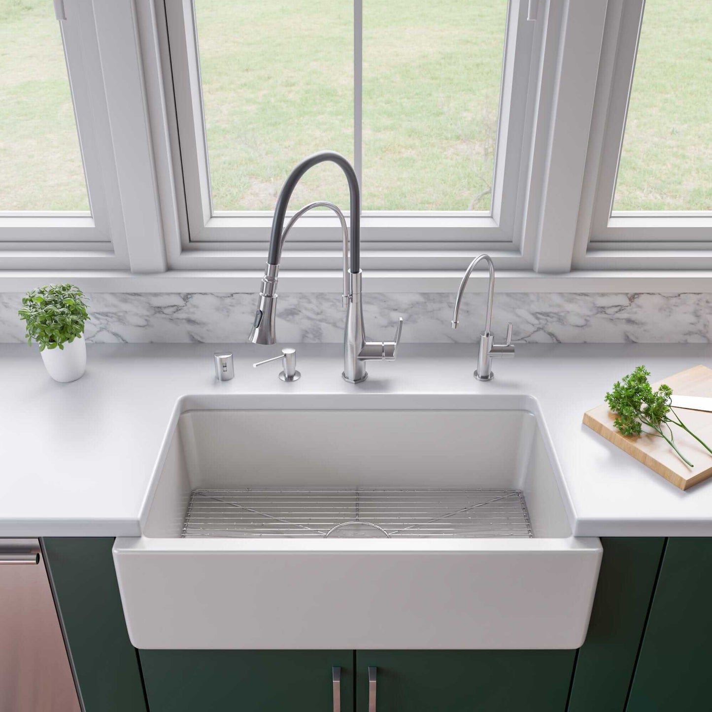 ALFI 33" Reversible Fluted / Smooth Single Bowl Fireclay Farm Sink AB3318HS-W in modern kitchen with stainless steel faucet.