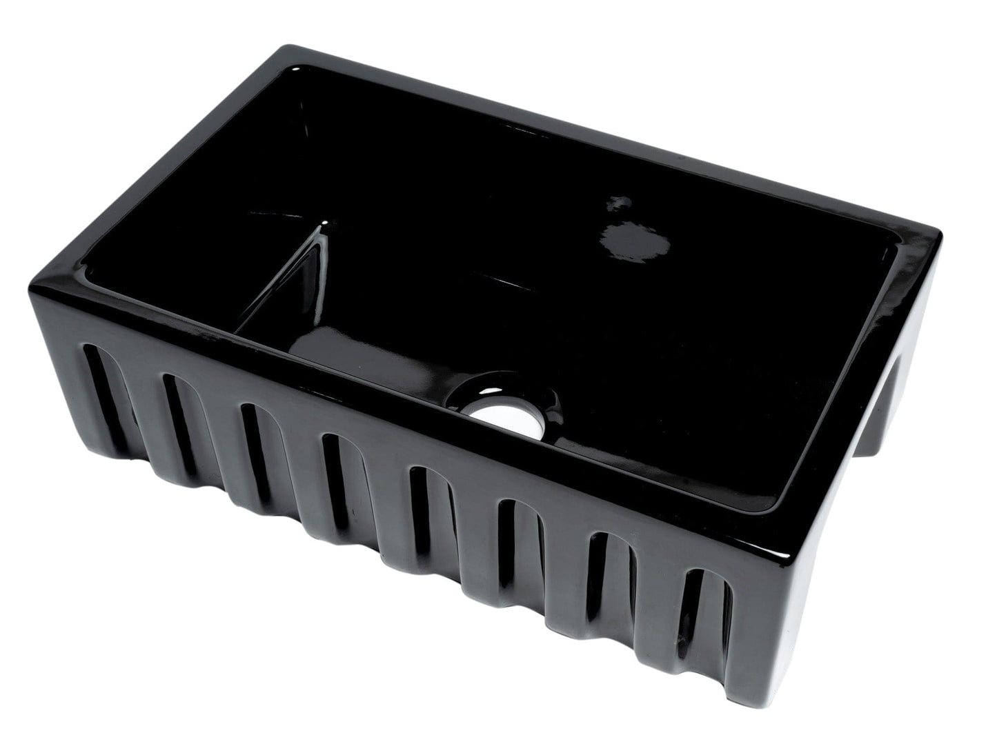 ALFI 30" Black Gloss Reversible Fireclay Farmhouse Sink with a sleek, shiny finish and fluted apron design.