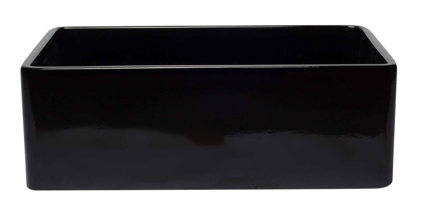 ALFI 30" Black Reversible Single Fireclay Farm Kitchen Sink AB3020SB-BG side view showcasing the glossy black finish.