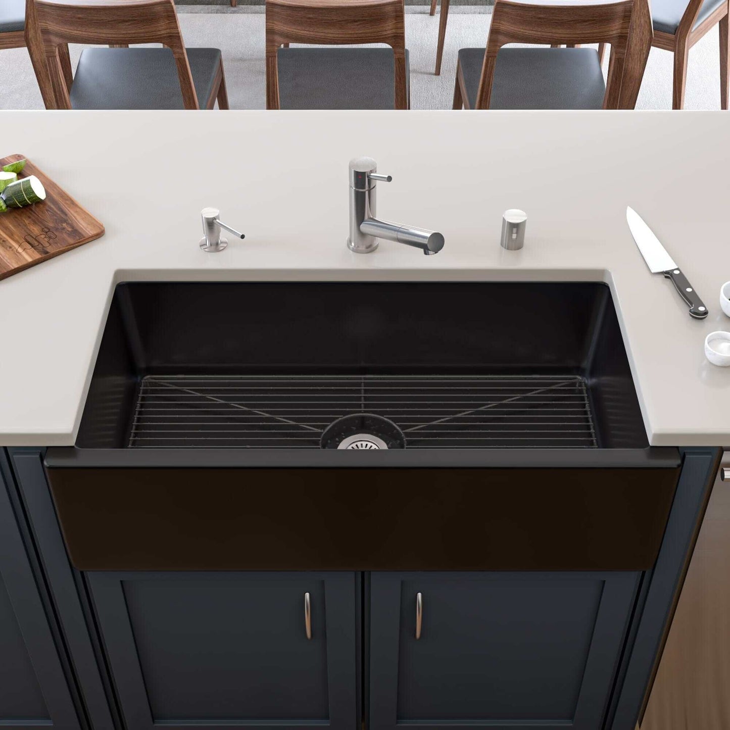 ALFI 36" Black Gloss Reversible Smooth / Fluted Single Bowl Fireclay Farm Sink AB3618HS-BG in modern kitchen setup.