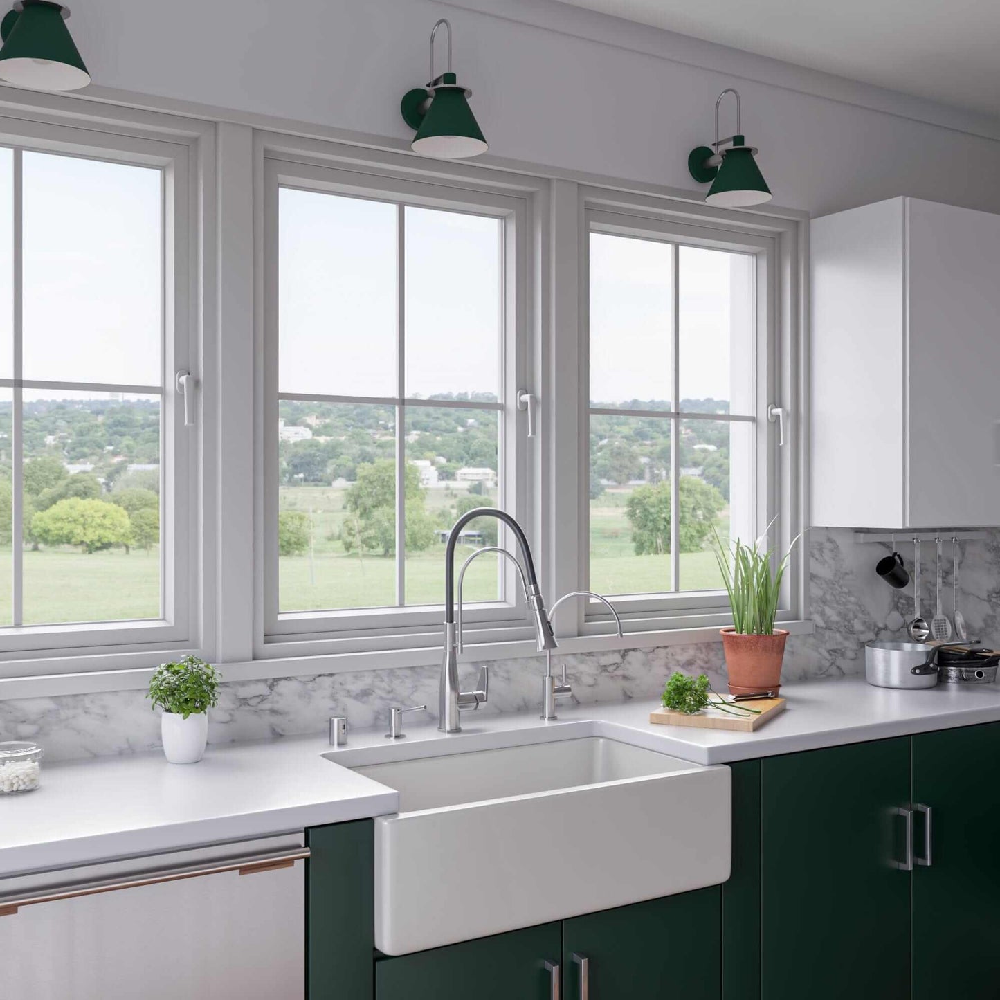 ALFI 33" Reversible Fluted / Smooth Single Bowl Fireclay Farm Sink AB3318HS-W in a stylish kitchen with greenery.