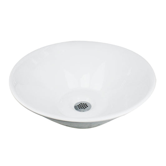 Nantucket Round White Vessel Sink With Overflow NSV222 showcasing its round ceramic design and pristine white finish.