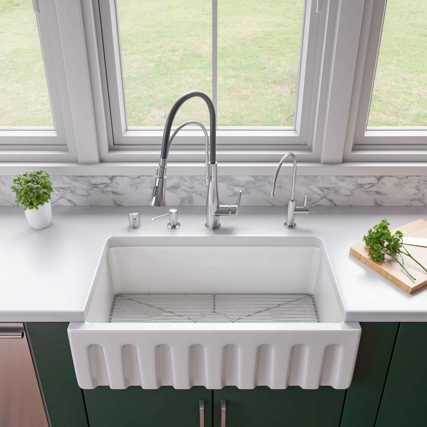 ALFI 33" Reversible Fluted / Smooth Single Bowl Fireclay Farm Sink AB3318HS-W in modern kitchen design.