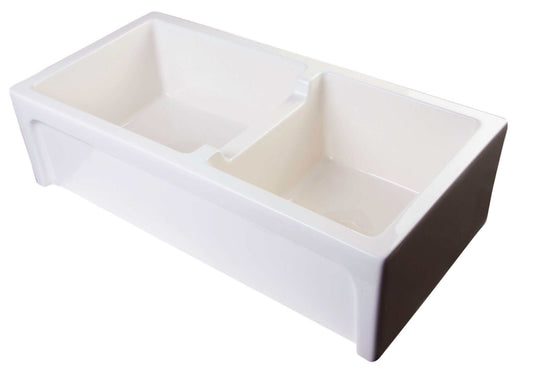 ALFI 36" Biscuit Arched Apron Thick Wall Fireclay Double Bowl Farm Sink AB3618ARCH-B side view showcasing dual bowls.