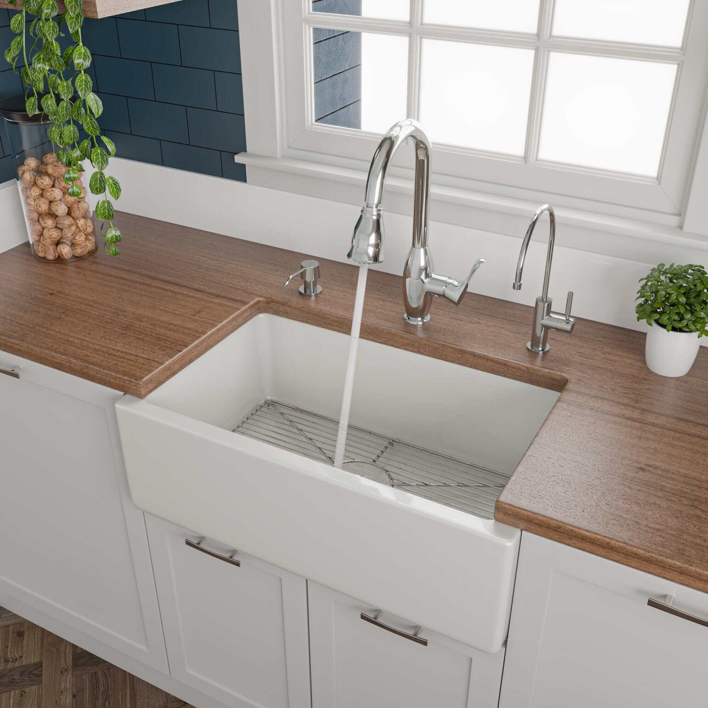 ALFI 30" White Reversible Fireclay Farmhouse Sink with modern faucet and wooden countertop in a stylish kitchen setting.