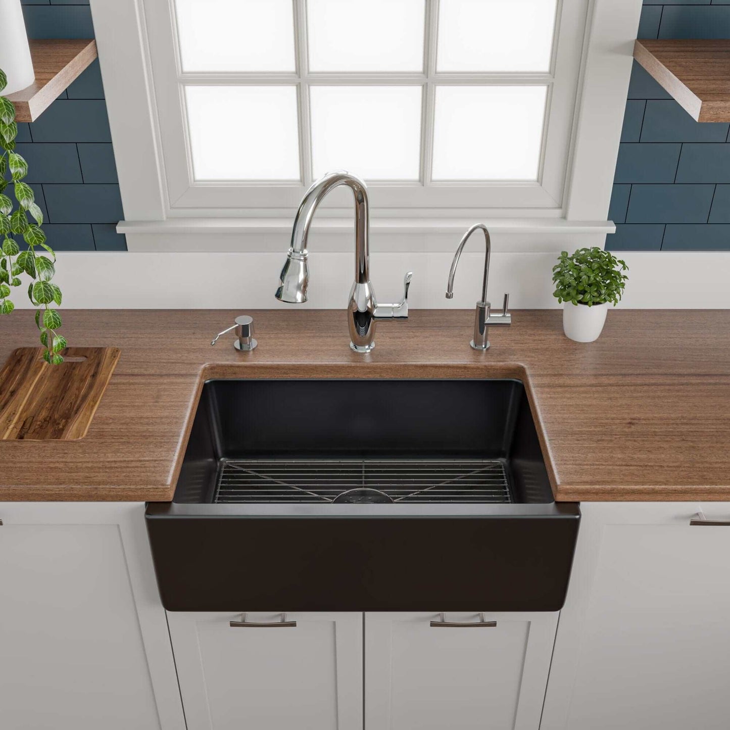 ALFI 30" Black Gloss Reversible Fireclay Farmhouse Sink in a modern kitchen with wood countertop and stylish fixtures.