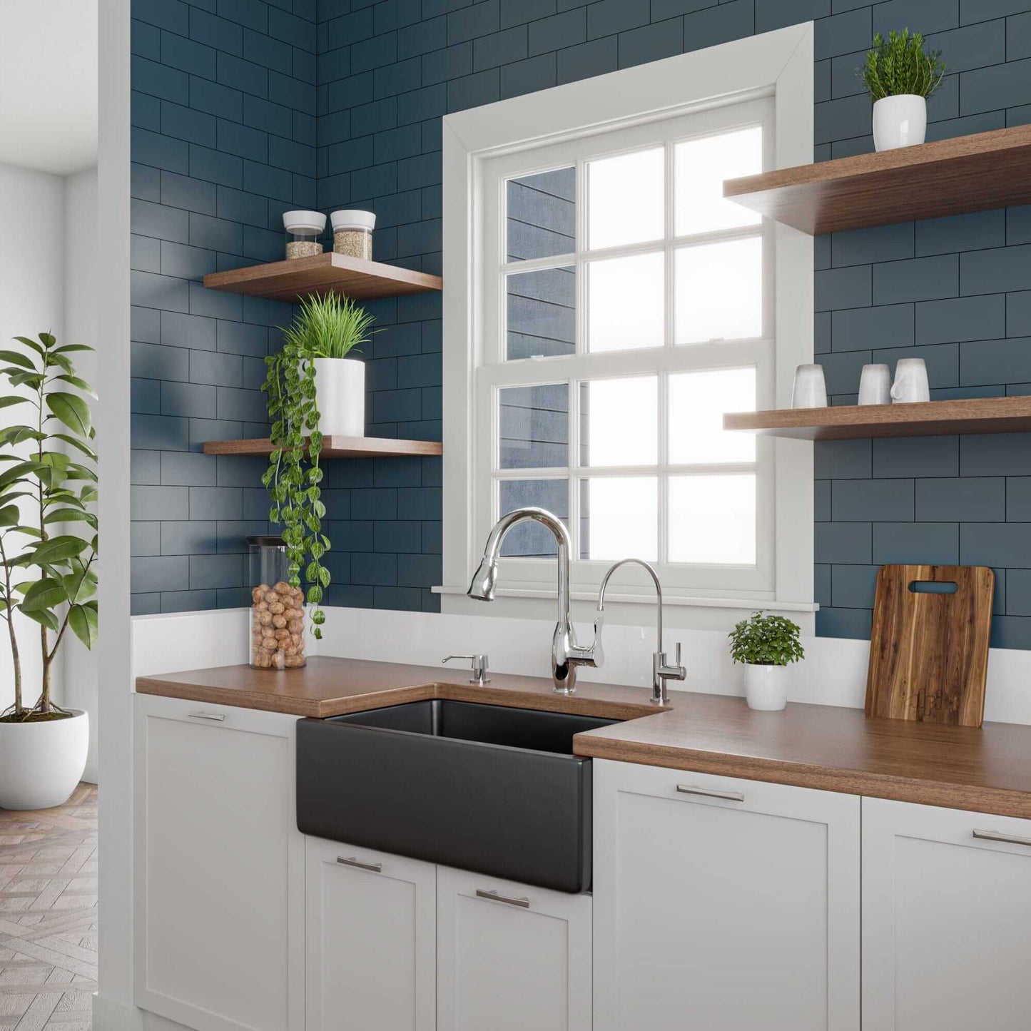 ALFI 30" Black Gloss Reversible Fireclay Farmhouse Sink installed in a stylish kitchen with dark blue tiles and wood accents.