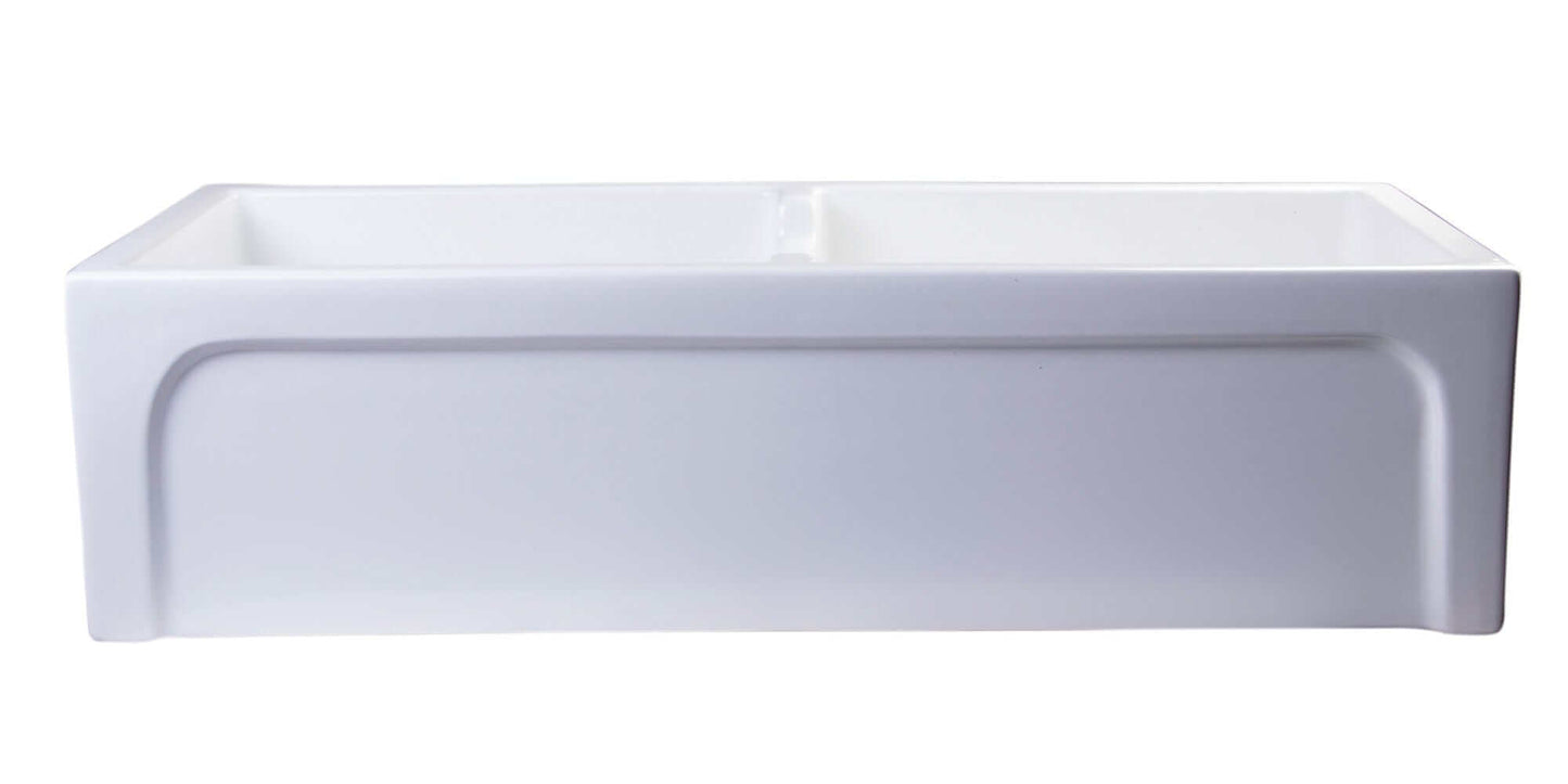 ALFI 39" Arched Thick Wall Fireclay Double Bowl Farm Sink AB3918ARCH-W displayed in a sleek, modern kitchen setting.