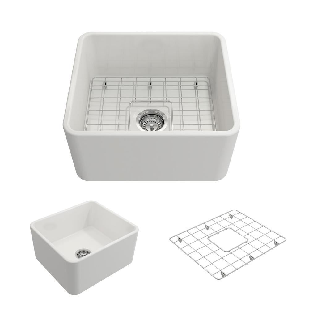 BOCCHI CLASSICO 20" Fireclay Farmhouse Single Bowl Kitchen Sink with Protective Bottom Grid and Strainer top view and grid detail.