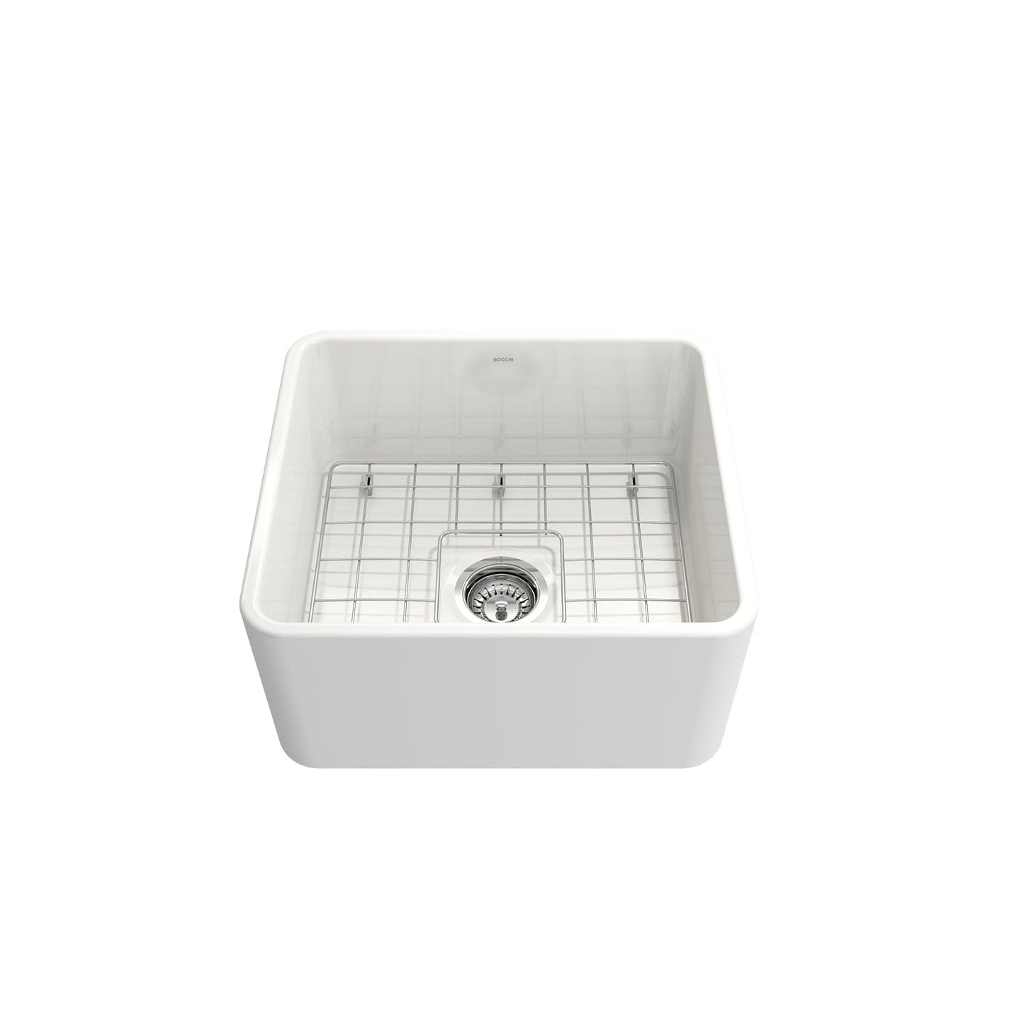 Top view of BOCCHI CLASSICO 20" Fireclay Farmhouse Single Bowl Kitchen Sink with Protective Bottom Grid and Strainer in white.