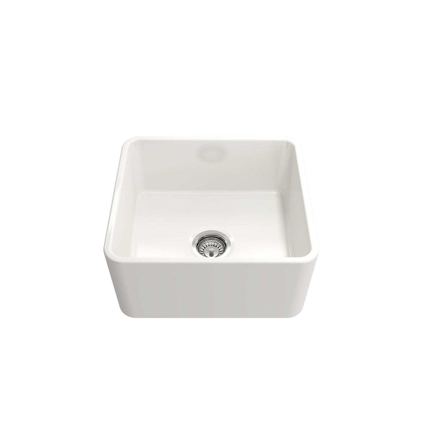 Top view of BOCCHI CLASSICO 20" Fireclay Farmhouse Single Bowl Kitchen Sink with Protective Bottom Grid and Strainer in white.