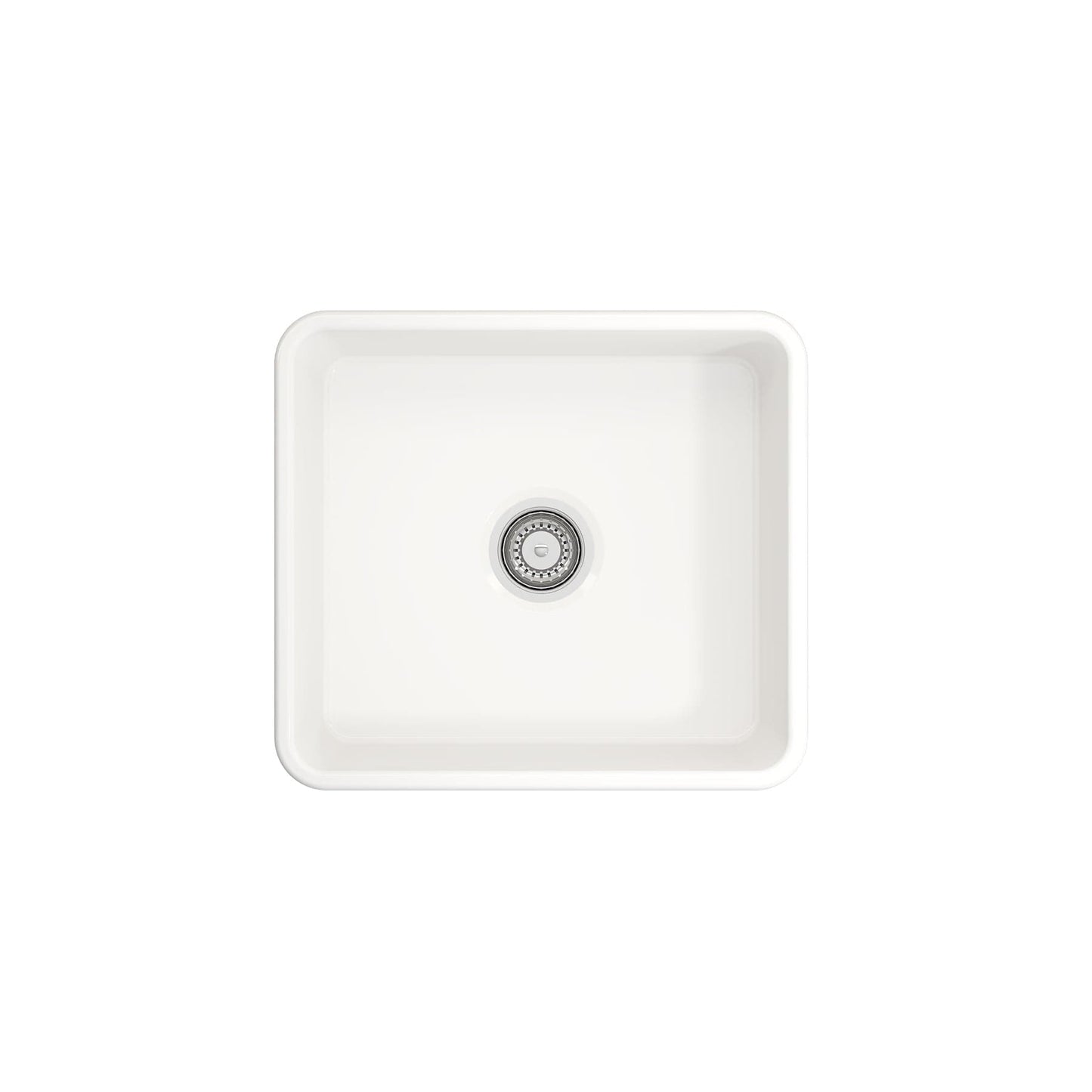 BOCCHI CLASSICO 20" Fireclay Farmhouse Single Bowl Kitchen Sink with Protective Bottom Grid and Strainer - Top view in white finish.