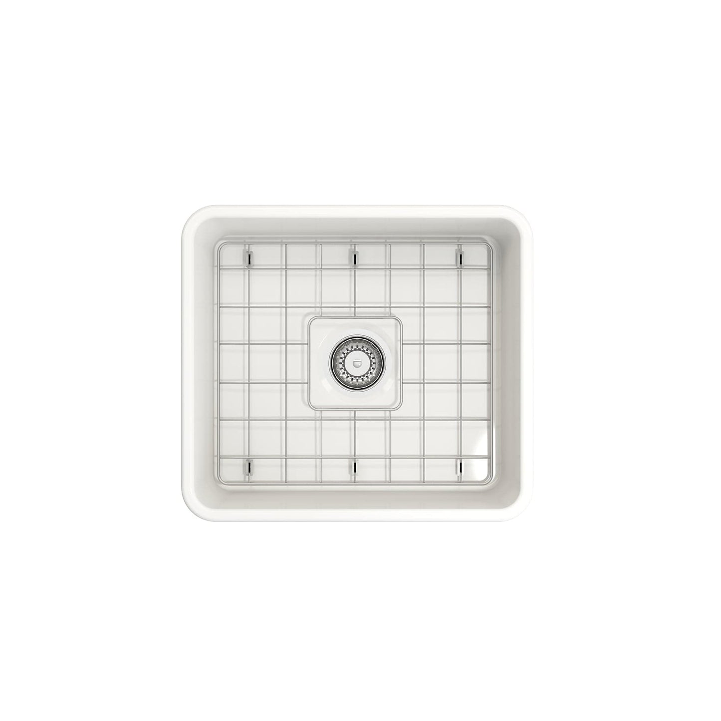 Top view of BOCCHI CLASSICO 20" Fireclay Farmhouse Single Bowl Kitchen Sink with Protective Bottom Grid and Strainer in white.