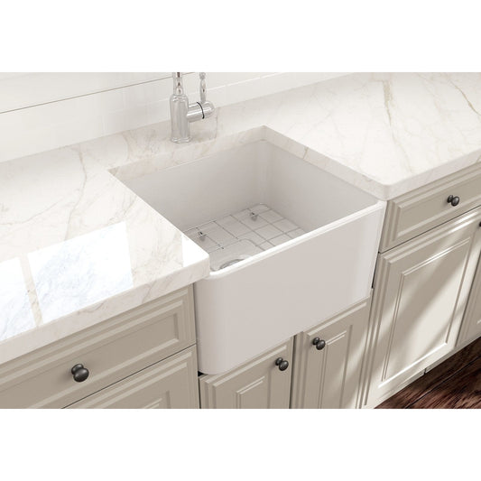 BOCCHI CLASSICO 20" Fireclay Farmhouse Single Bowl Kitchen Sink with Protective Bottom Grid and Strainer top view with countertop.