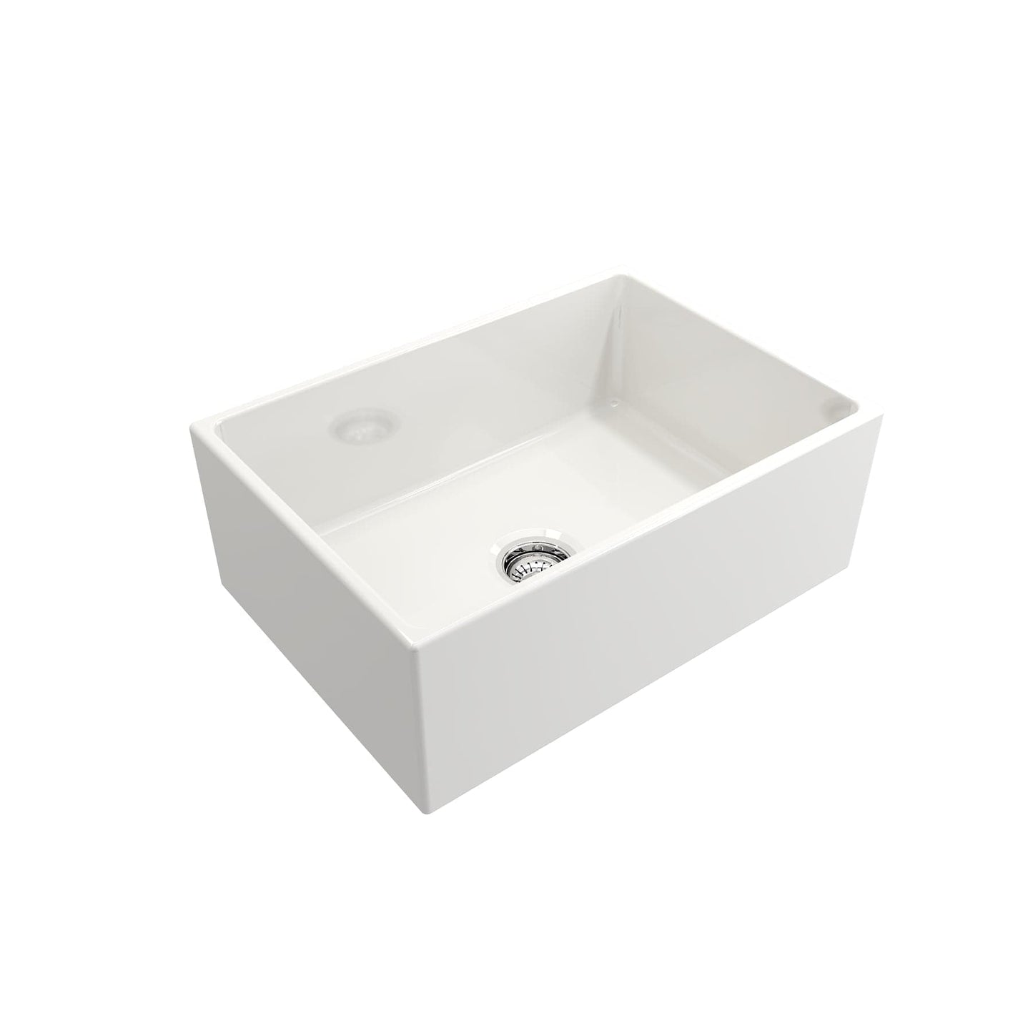 BOCCHI CONTEMPO 27" Fireclay Farmhouse Single Bowl Kitchen Sink with Protective Bottom Grid and Strainer left side view in white