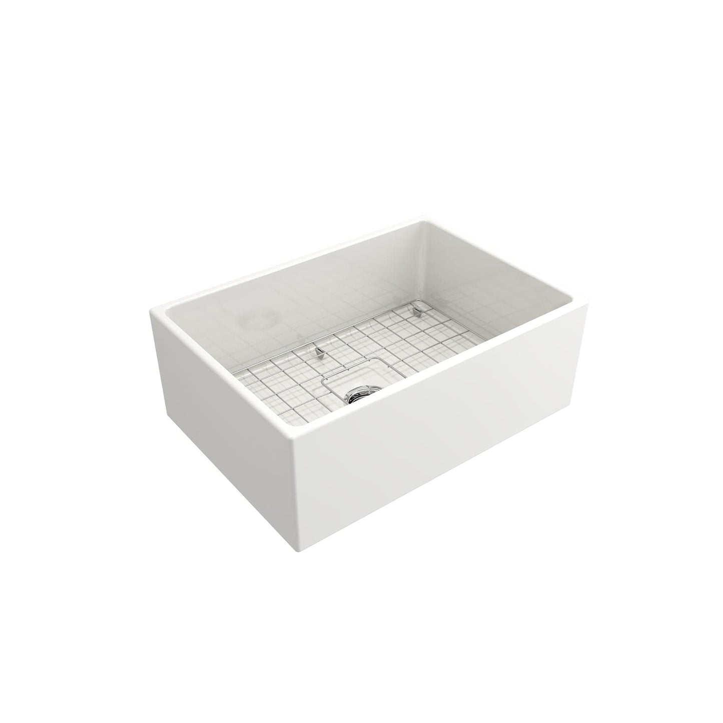 BOCCHI CONTEMPO 27" Fireclay Farmhouse Single Bowl Kitchen Sink with Protective Bottom Grid and Strainer, white finish, top view.