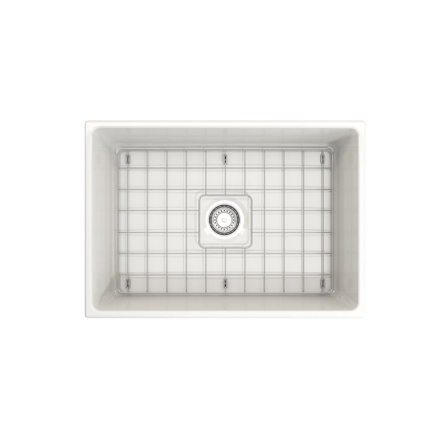 alt_tag: Top view of BOCCHI CONTEMPO 27" Fireclay Farmhouse Single Bowl Kitchen Sink with Protective Bottom Grid and Strainer.