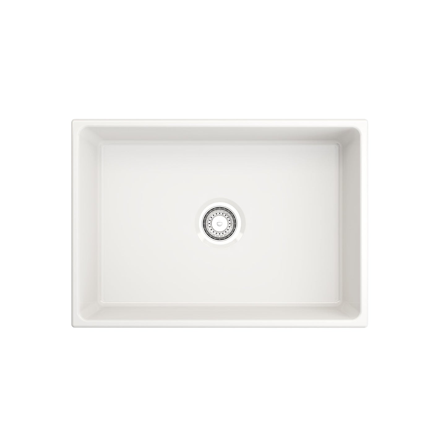 Top view of BOCCHI CONTEMPO 27" Fireclay Farmhouse Single Bowl Kitchen Sink with Protective Bottom Grid and Strainer in white.