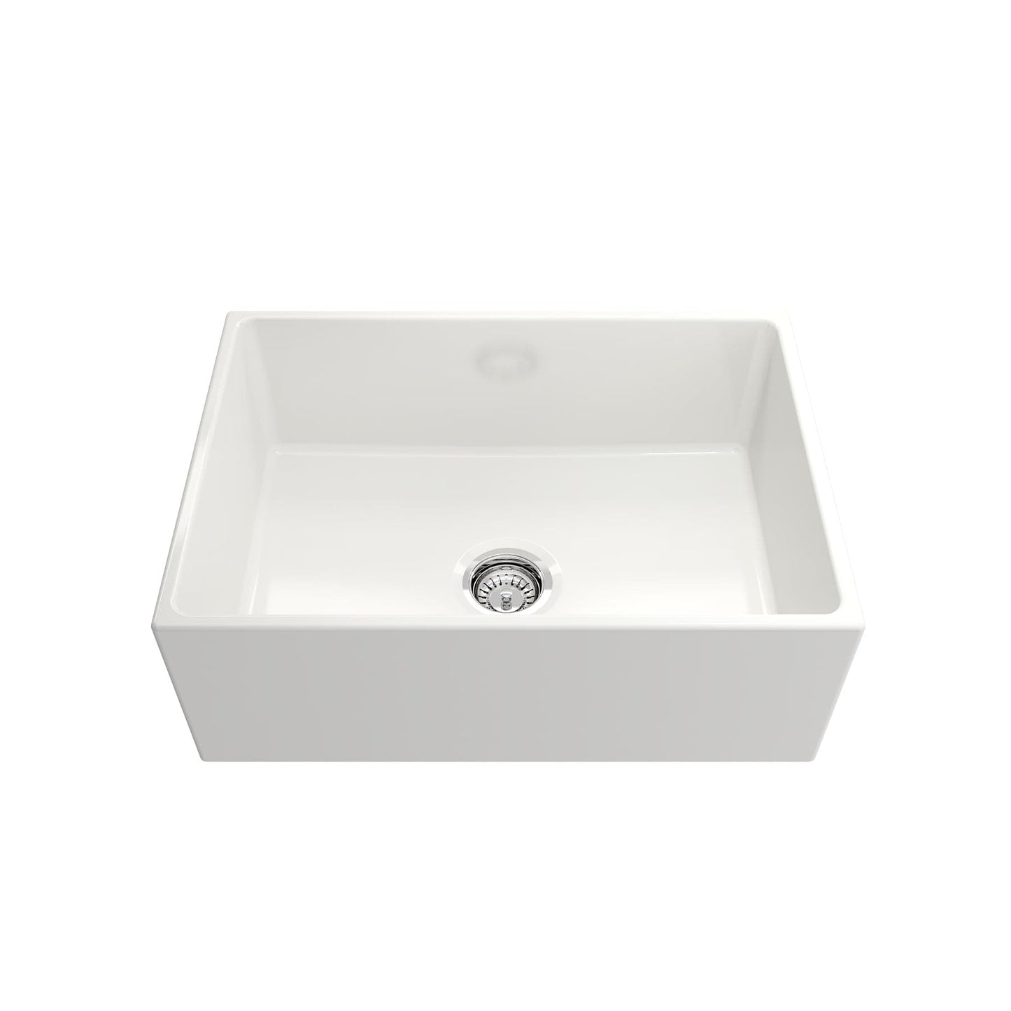 Top view of BOCCHI CONTEMPO 27" Fireclay Farmhouse Single Bowl Kitchen Sink with Protective Bottom Grid and Strainer in white.