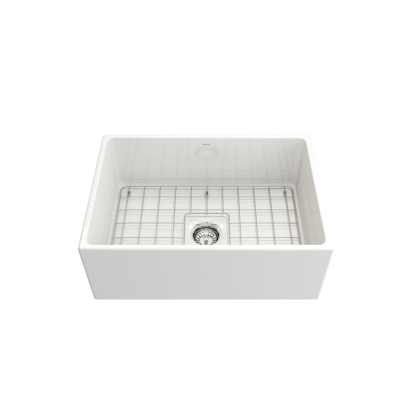 BOCCHI CONTEMPO 27" Fireclay Farmhouse Single Bowl Kitchen Sink with Protective Bottom Grid and Strainer in white finish, top view.