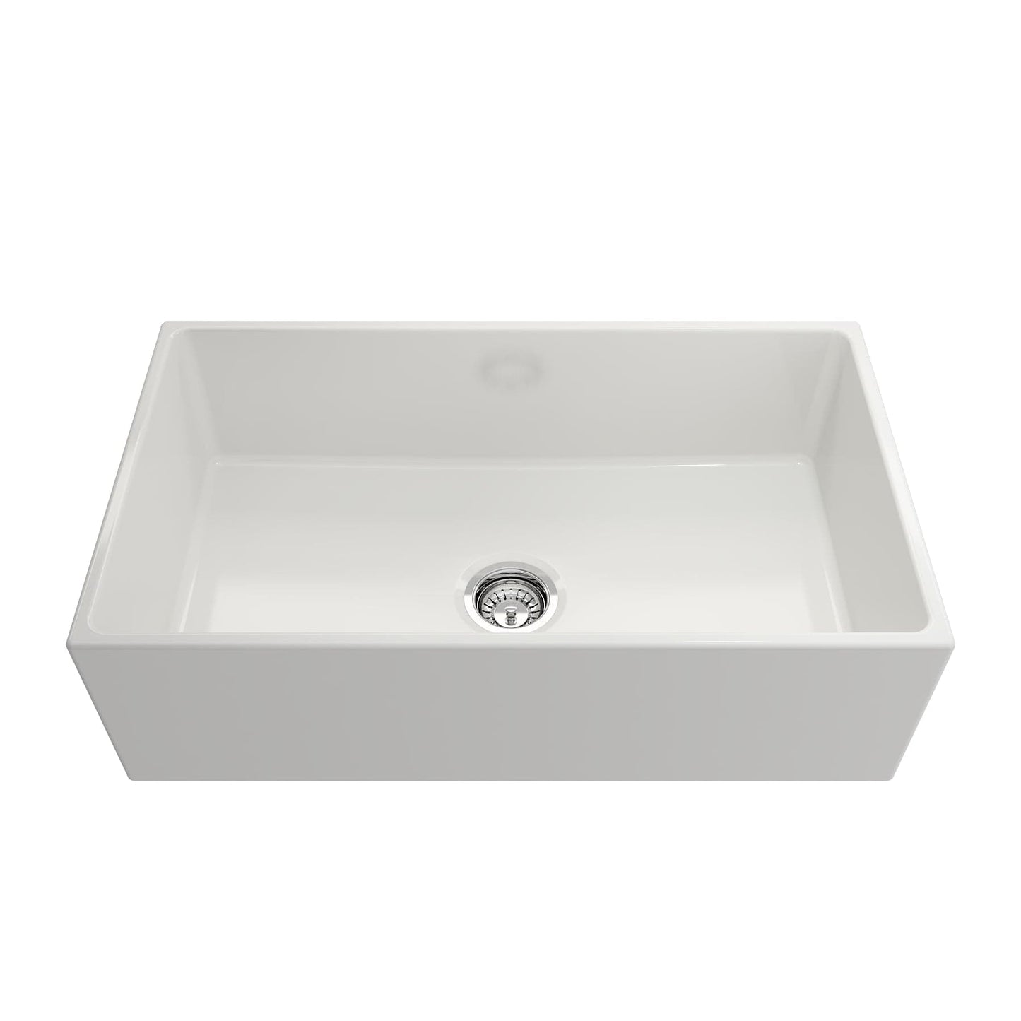 Front angle view of Bocchi Contempo 33" Fireclay Farmhouse Sink in White showing included bottom strainer.