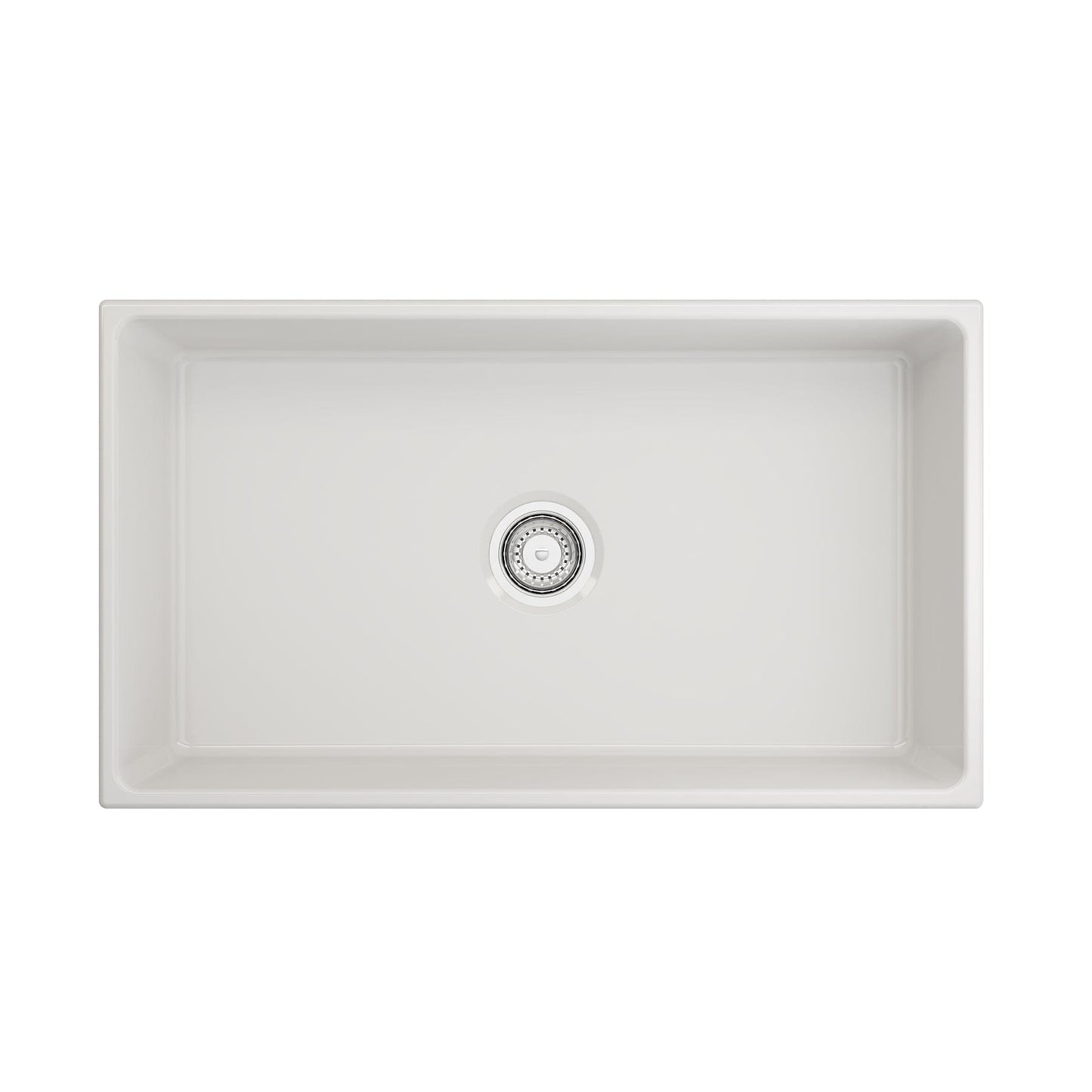 Top-Down View of Bocchi Contempo 33" Fireclay Farmhouse Sink in White showing included stainless steel strainer.
