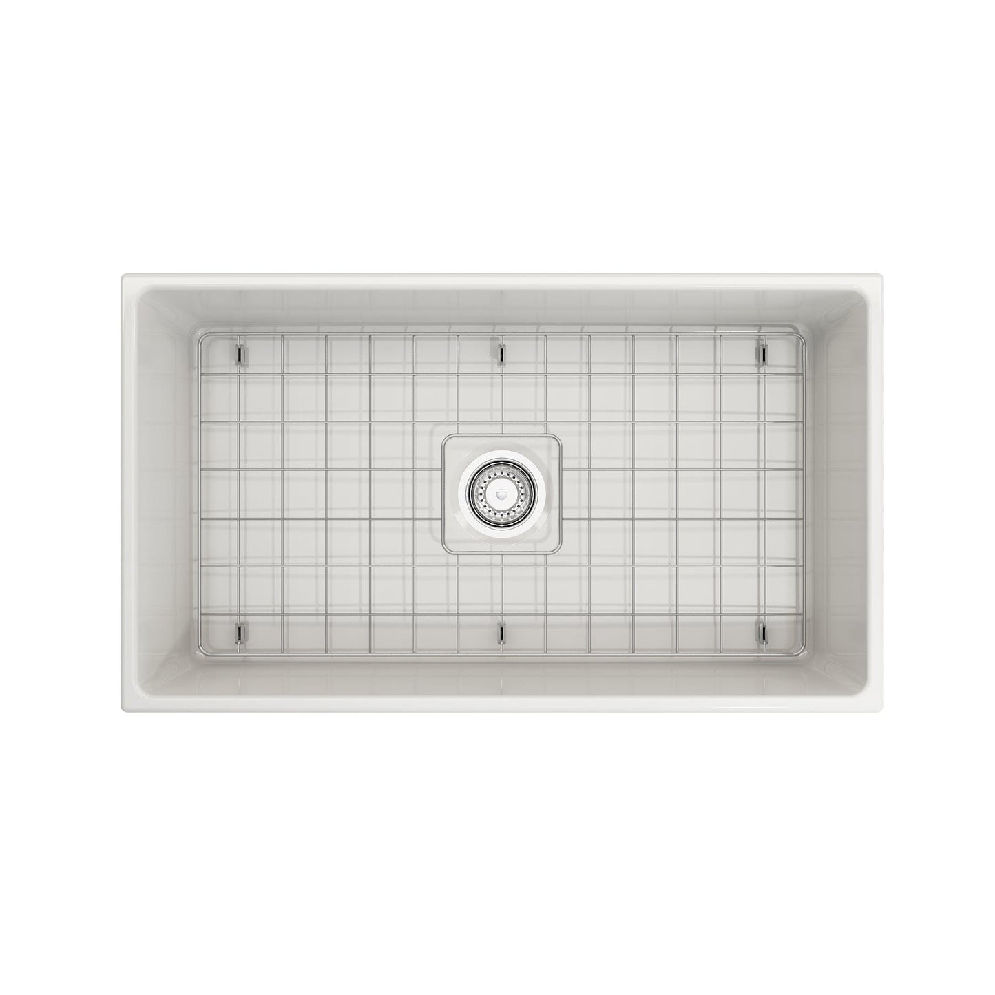 Top-Down view of White Bocchi Contempo 33" Fireclay Farmhouse Sink with included bottom grid and strainer