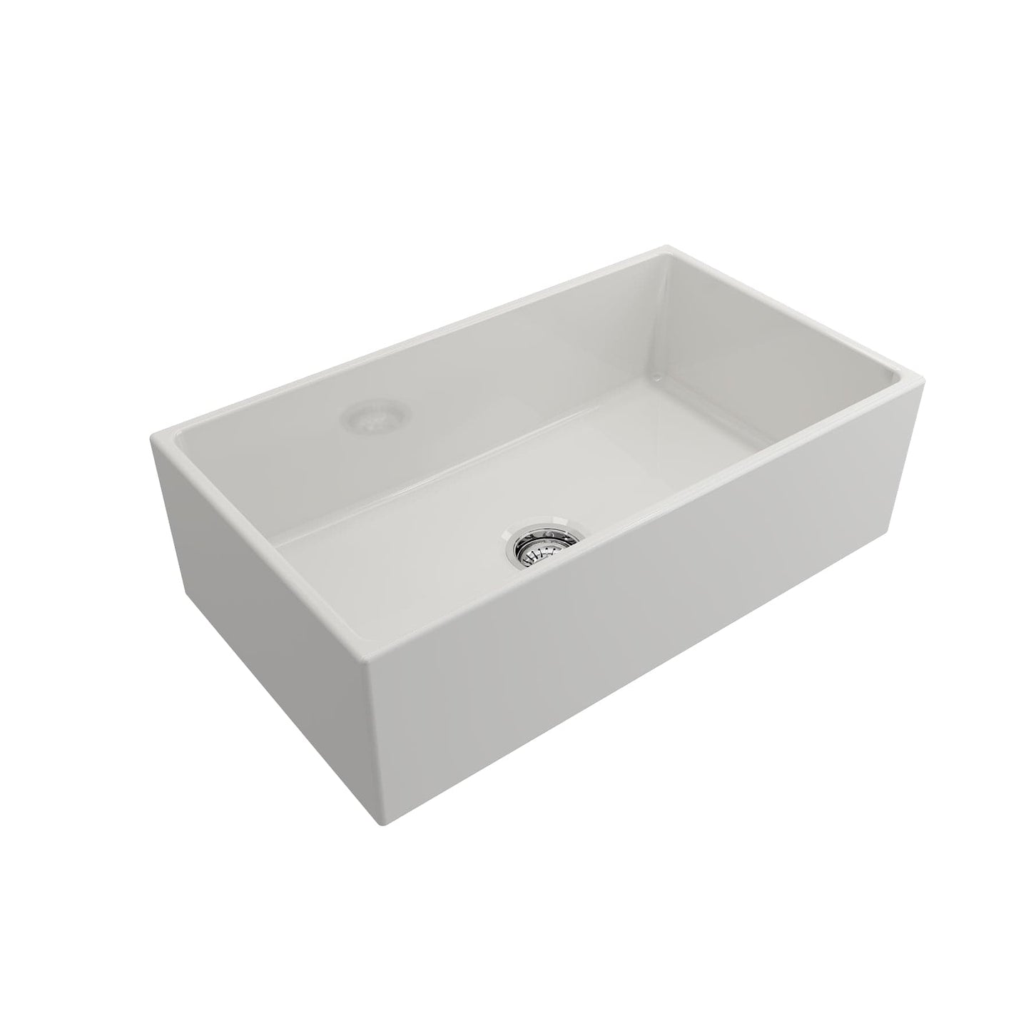 Top corner angle of Bocchi Contempo Fireclay Farmhouse Sink in White showing center drain placement and included sink strainer