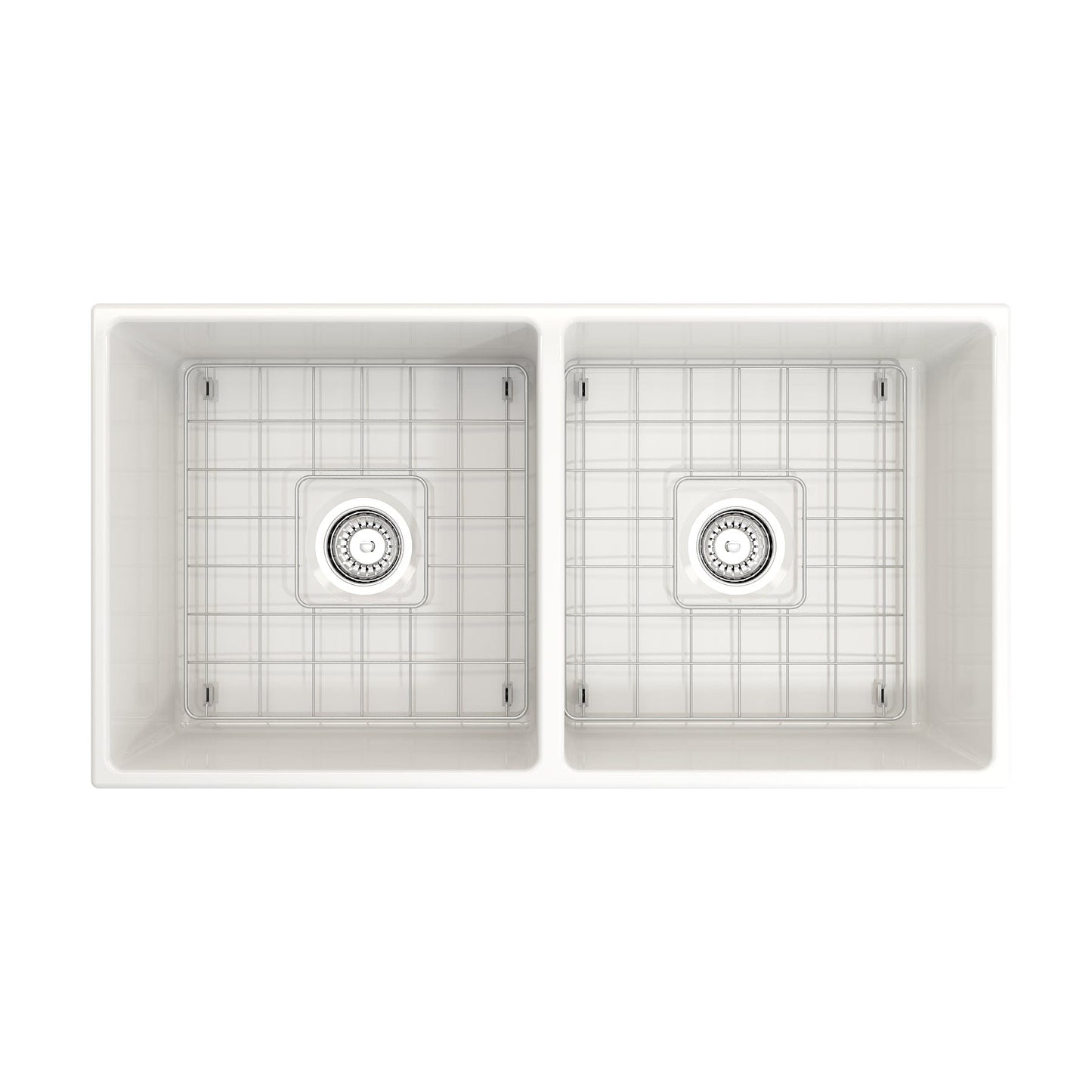 Top view of BOCCHI CONTEMPO 36" Fireclay Farmhouse Double Bowl Kitchen Sink with Protective Bottom Grid and Strainer.